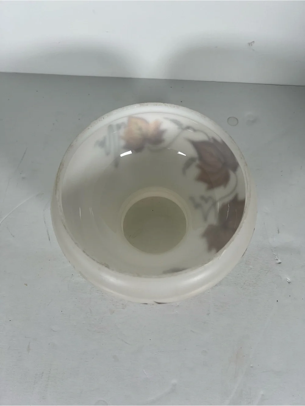 Hurricane Milk Glass White Lantern Shade with Brown and Yellow Leaf Design